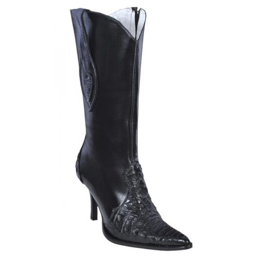 Los Altos Ladies Black Genuine Crocodile High Top  Boots With Zipper 371805